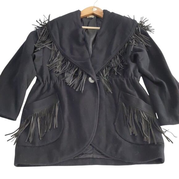 VTG Lorovi Wool Coat Women's L Black Western Fringe Wool Blend Pockets USA Made - Picture 5 of 15